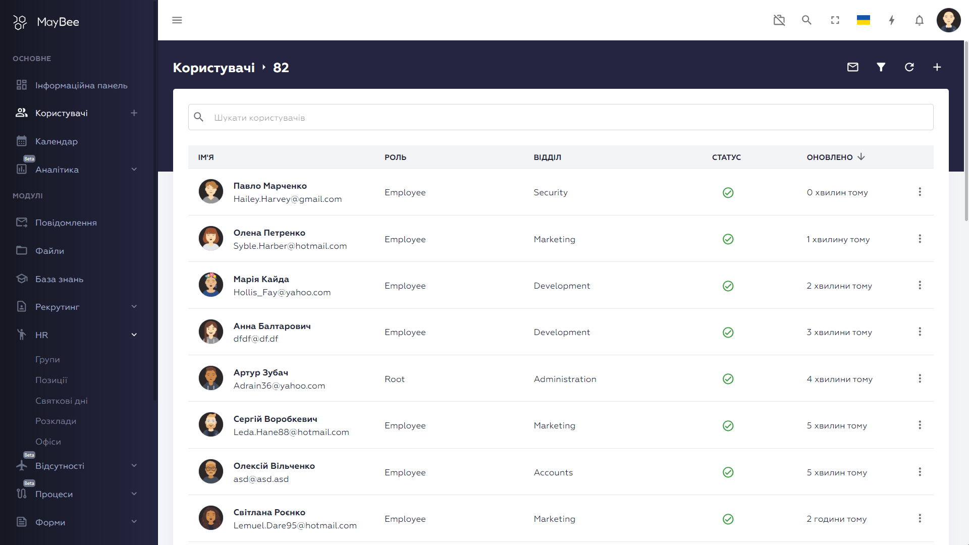 Screen with a List of Users