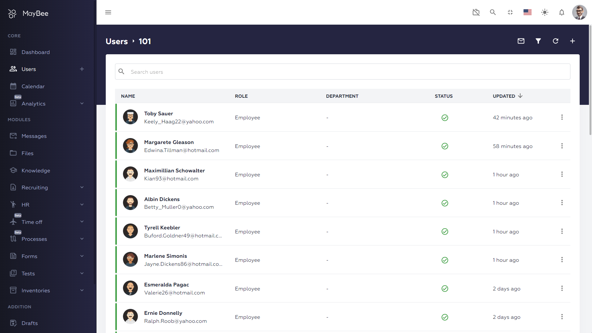 Screen with a List of Users