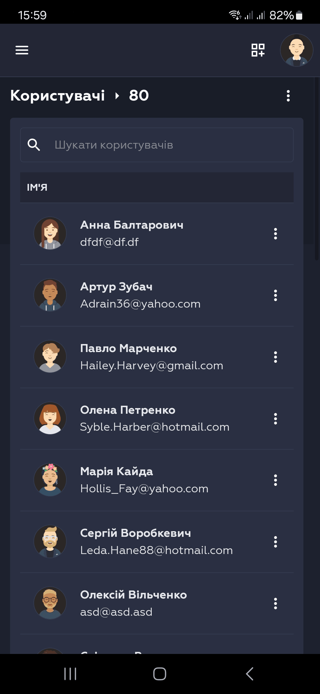 Screen with a List of Users